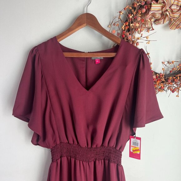 Vince Camuto Womens Chiffon Wide Leg Jumpsuit SMALL Crisp Merlot Flutter Sleeve - Picture 3 of 14
